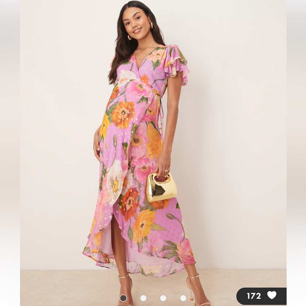 Hope & Ivy Maternity frill sleeve maxi wrap dress with tie waist in blue print